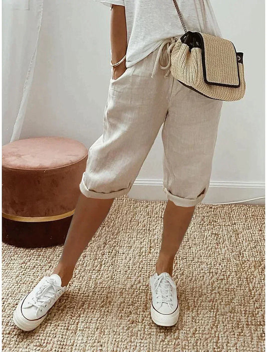 Damen Sommer-Shorts aus Leinen – Bequeme 3/4 Freizeithose mit Kordelzug für Strand & Alltag