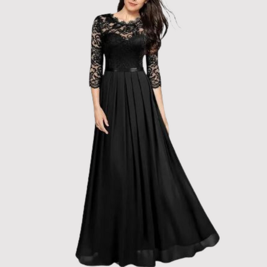 Elegantes Abendkleid Damen – Lang mit Spitze & 3/4 Ärmeln, Festlich & Bodenlang