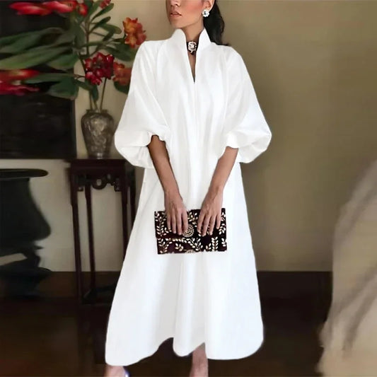 Elegantes Midi-Kleid mit Ballonärmeln & Stehkragen – Minimalistisch & Schick