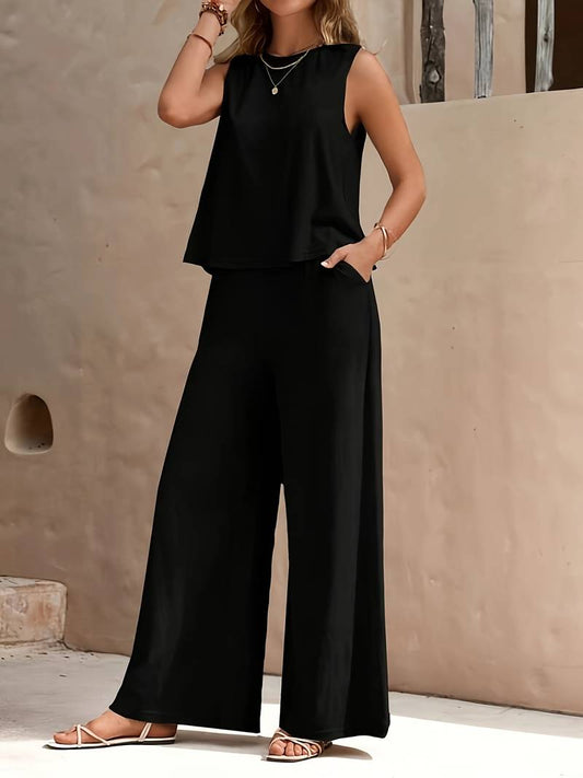 Zweiteiler Damen Set – Ärmelloses Oberteil mit weitem Bein Stoffhose – Lässiges & elegantes Sommer Outfit für Alltag & Urlaub