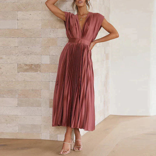 Plissiertes Midikleid mit tiefem V-Ausschnitt & Flügelärmeln – Eleganter Look für Hochzeit, Party & Sommer