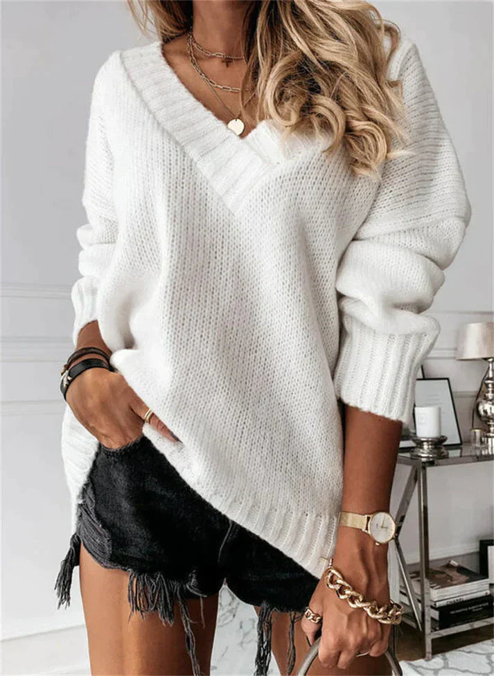 Kuscheliger Damen-Strickpullover mit V-Ausschnitt – Oversize Look für Herbst & Winter