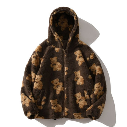 Harajuku Bär Teddy Druck Plüsch Jacke flauschige Kapuze Oberbekleidung