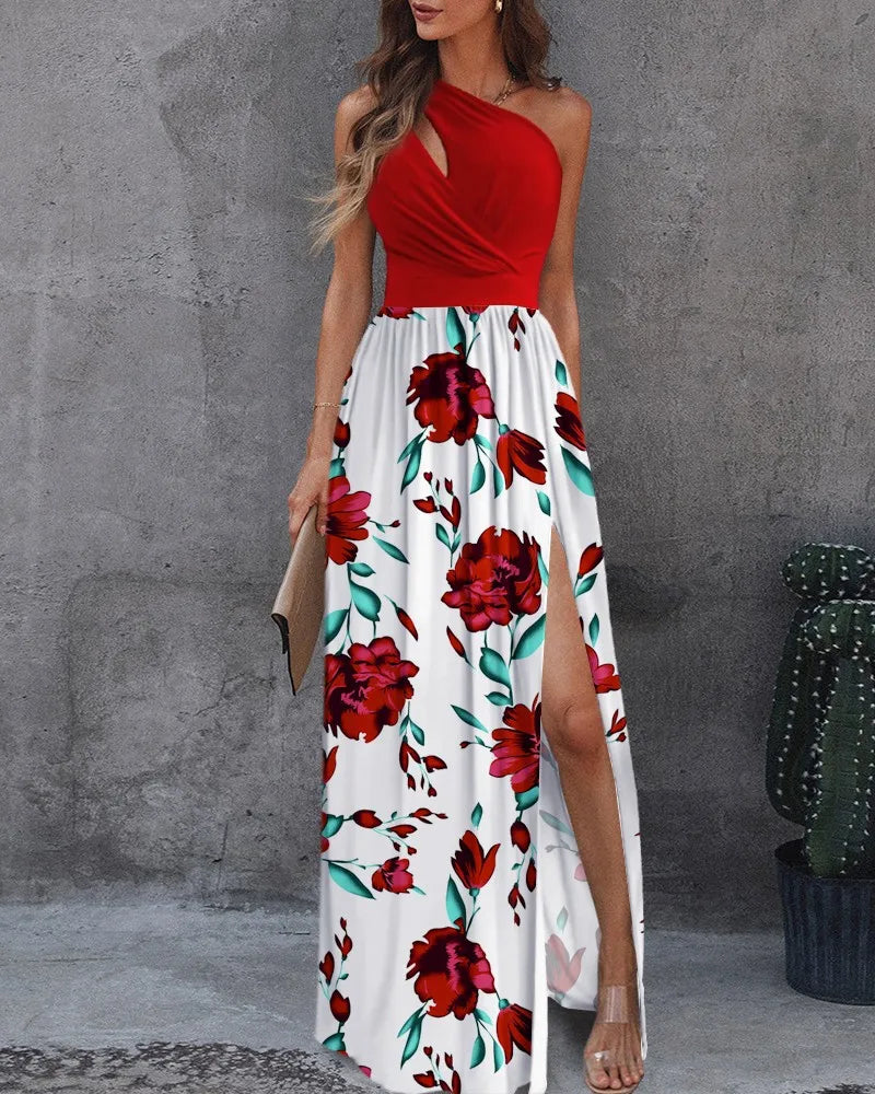 Asymmetrisches Damen Abendkleid mit Schlitz & Wickeloptik – Elegant & Bedruckt