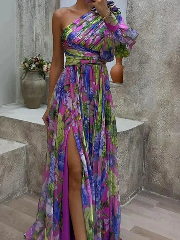 Asymmetrisches Maxikleid – Elegantes One-Shoulder Blumenprint Kleid mit Schlitz