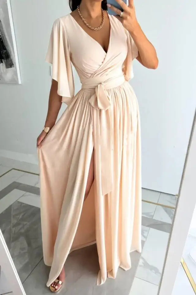 Elegantes Wickelkleid mit Schlitz für Damen – Maxikleid mit Taillengürtel, Flatterärmeln & V-Ausschnitt für Hochzeit & Event