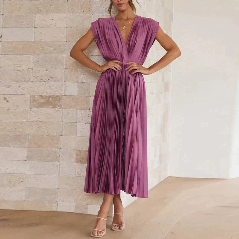 Plissiertes Midikleid mit tiefem V-Ausschnitt & Flügelärmeln – Eleganter Look für Hochzeit, Party & Sommer
