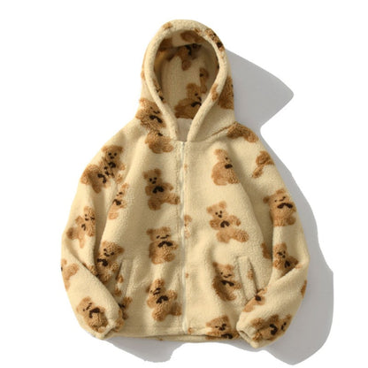 Harajuku Bär Teddy Druck Plüsch Jacke flauschige Kapuze Oberbekleidung