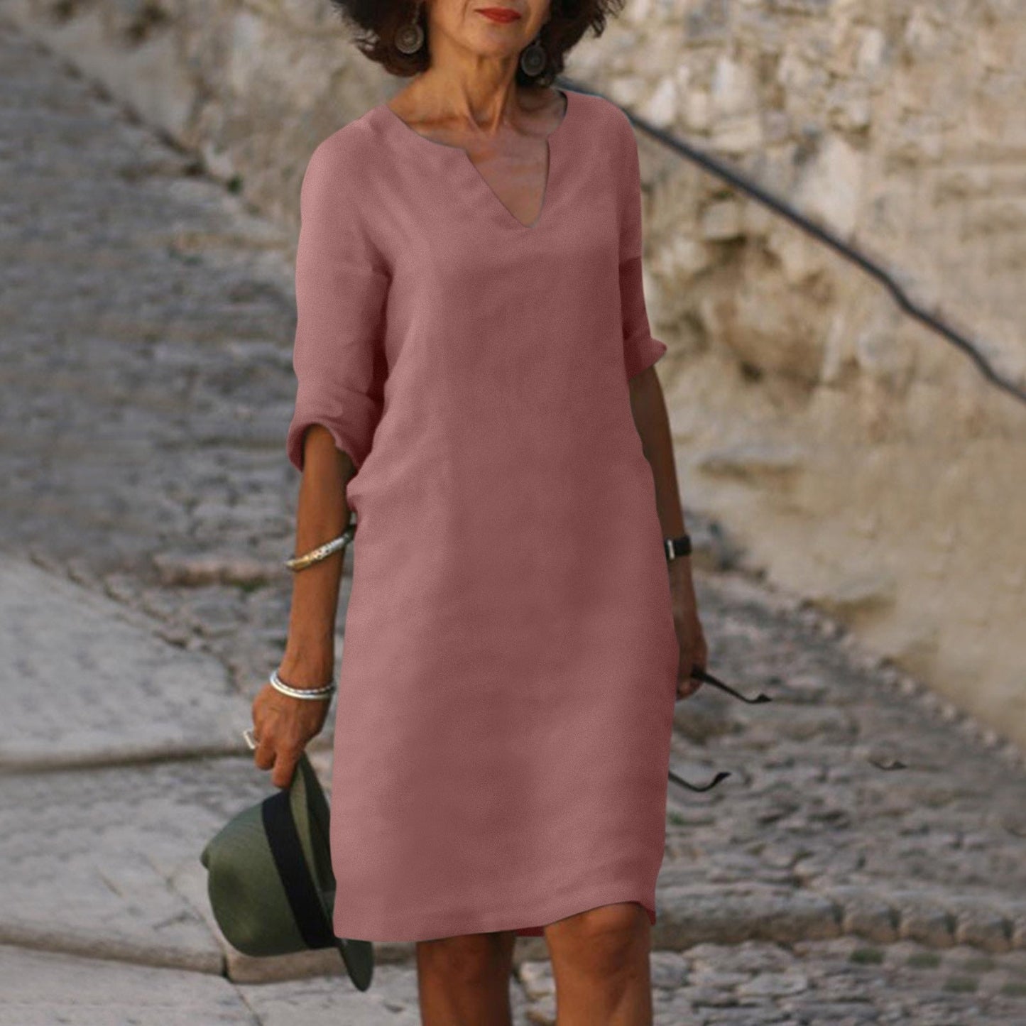 V‑Ausschnitt Midikleid aus Leinen mit Eingrifftaschen – Luftiges Freizeitkleid für Damen
