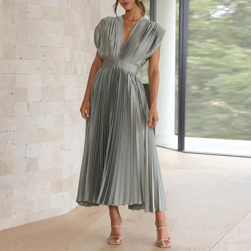Plissiertes Midikleid mit tiefem V-Ausschnitt & Flügelärmeln – Eleganter Look für Hochzeit, Party & Sommer