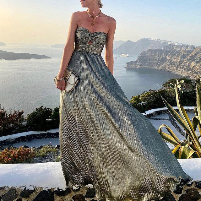 Strapazierfähiges Plissee-Maxikleid mit Bandeau-Oberteil & Cut-Out – Elegantes Abendkleid für Hochzeit, Gala & Urlaub