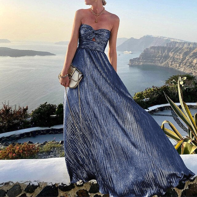 Strapazierfähiges Plissee-Maxikleid mit Bandeau-Oberteil & Cut-Out – Elegantes Abendkleid für Hochzeit, Gala & Urlaub