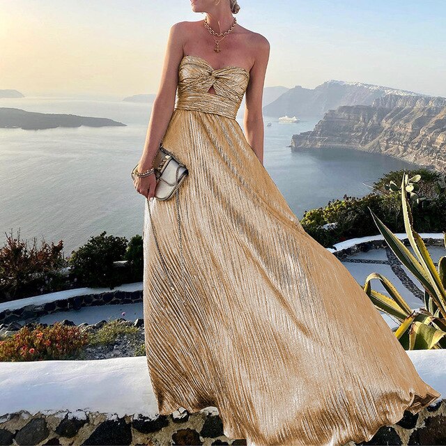 Strapazierfähiges Plissee-Maxikleid mit Bandeau-Oberteil & Cut-Out – Elegantes Abendkleid für Hochzeit, Gala & Urlaub