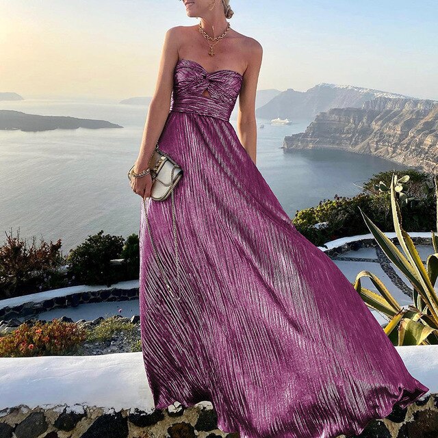 Strapazierfähiges Plissee-Maxikleid mit Bandeau-Oberteil & Cut-Out – Elegantes Abendkleid für Hochzeit, Gala & Urlaub