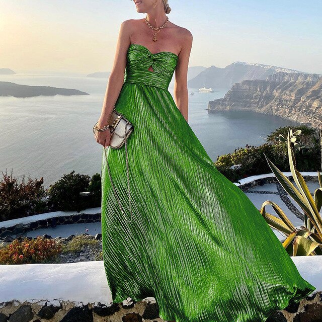 Strapazierfähiges Plissee-Maxikleid mit Bandeau-Oberteil & Cut-Out – Elegantes Abendkleid für Hochzeit, Gala & Urlaub