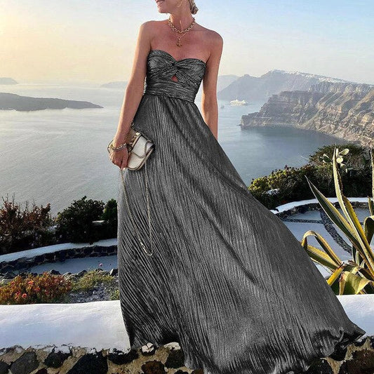 Strapazierfähiges Plissee-Maxikleid mit Bandeau-Oberteil & Cut-Out – Elegantes Abendkleid für Hochzeit, Gala & Urlaub
