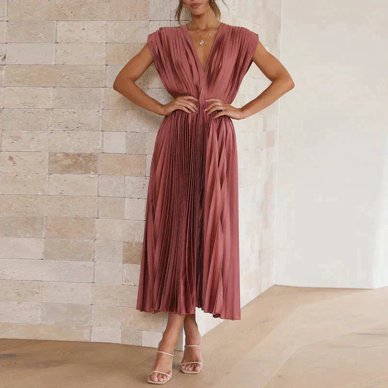 Plissiertes Midikleid mit tiefem V-Ausschnitt & Flügelärmeln – Eleganter Look für Hochzeit, Party & Sommer