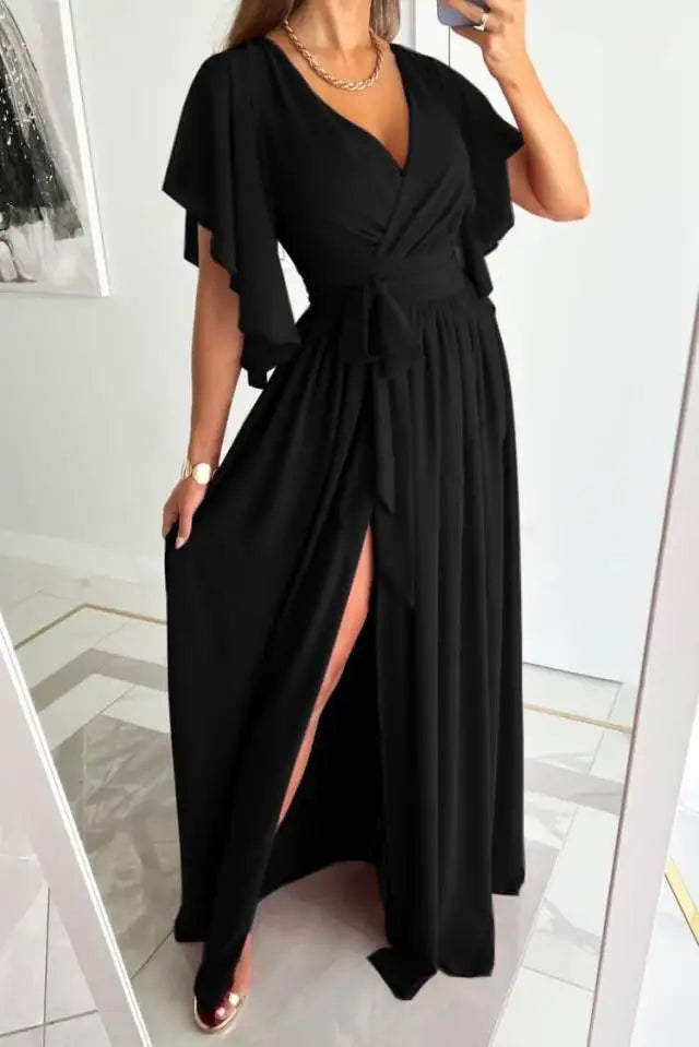 Elegantes Wickelkleid mit Schlitz für Damen – Maxikleid mit Taillengürtel, Flatterärmeln & V-Ausschnitt für Hochzeit & Event