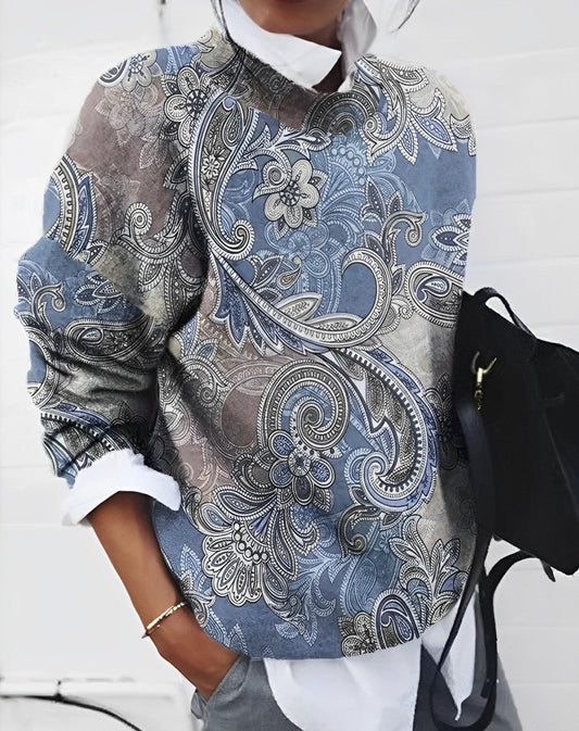 Oversize Damen Shirt mit floralen Boho-Print – Langarm Bluse mit Rundhalsausschnitt