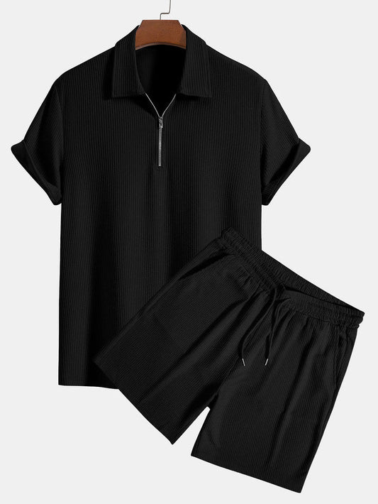 2-teiliges Herren Sommer Set – Kurzarmshirt mit Zipper & Shorts aus Rippstoff