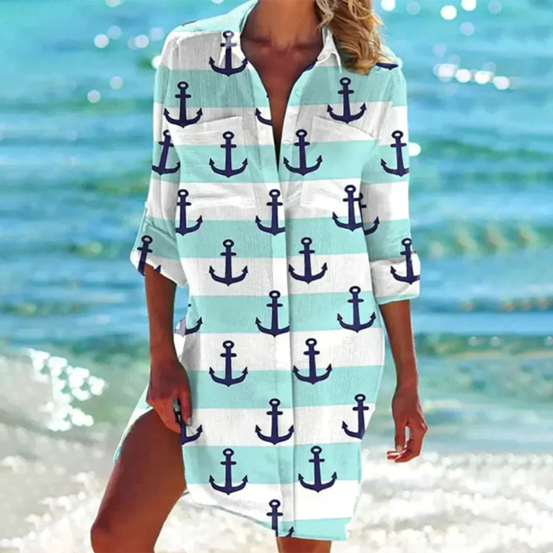 Luftiges Strandkleid mit maritimem Print und Hemdkragen – Perfekt als Strandtunika oder Badeüberwurf für Sommer & Urlaub