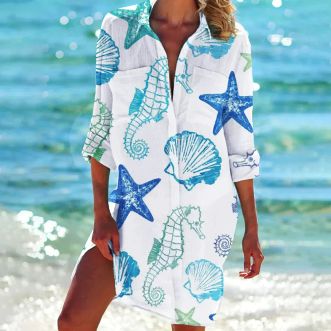 Luftiges Strandkleid mit maritimem Print und Hemdkragen – Perfekt als Strandtunika oder Badeüberwurf für Sommer & Urlaub