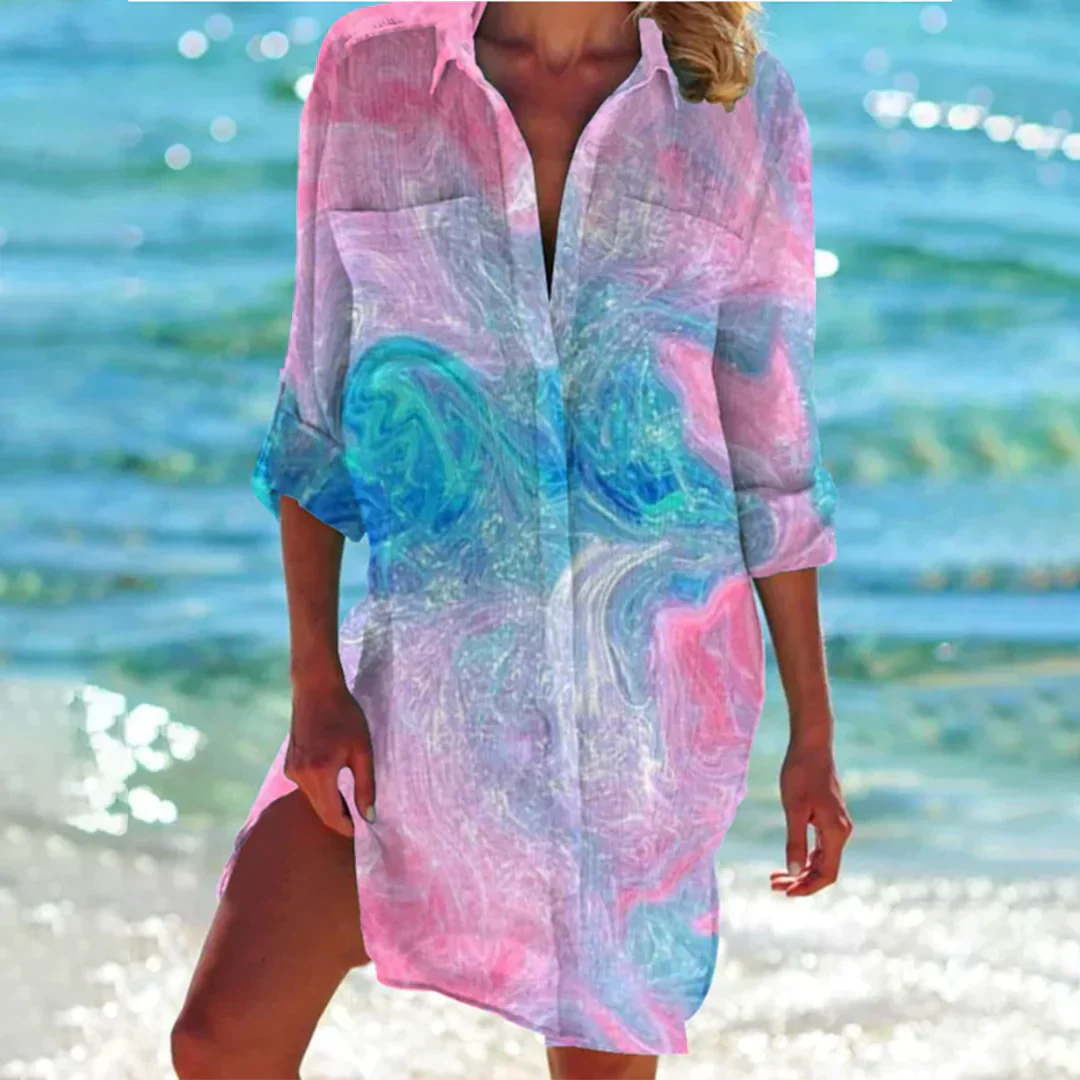Luftiges Strandkleid mit maritimem Print und Hemdkragen – Perfekt als Strandtunika oder Badeüberwurf für Sommer & Urlaub