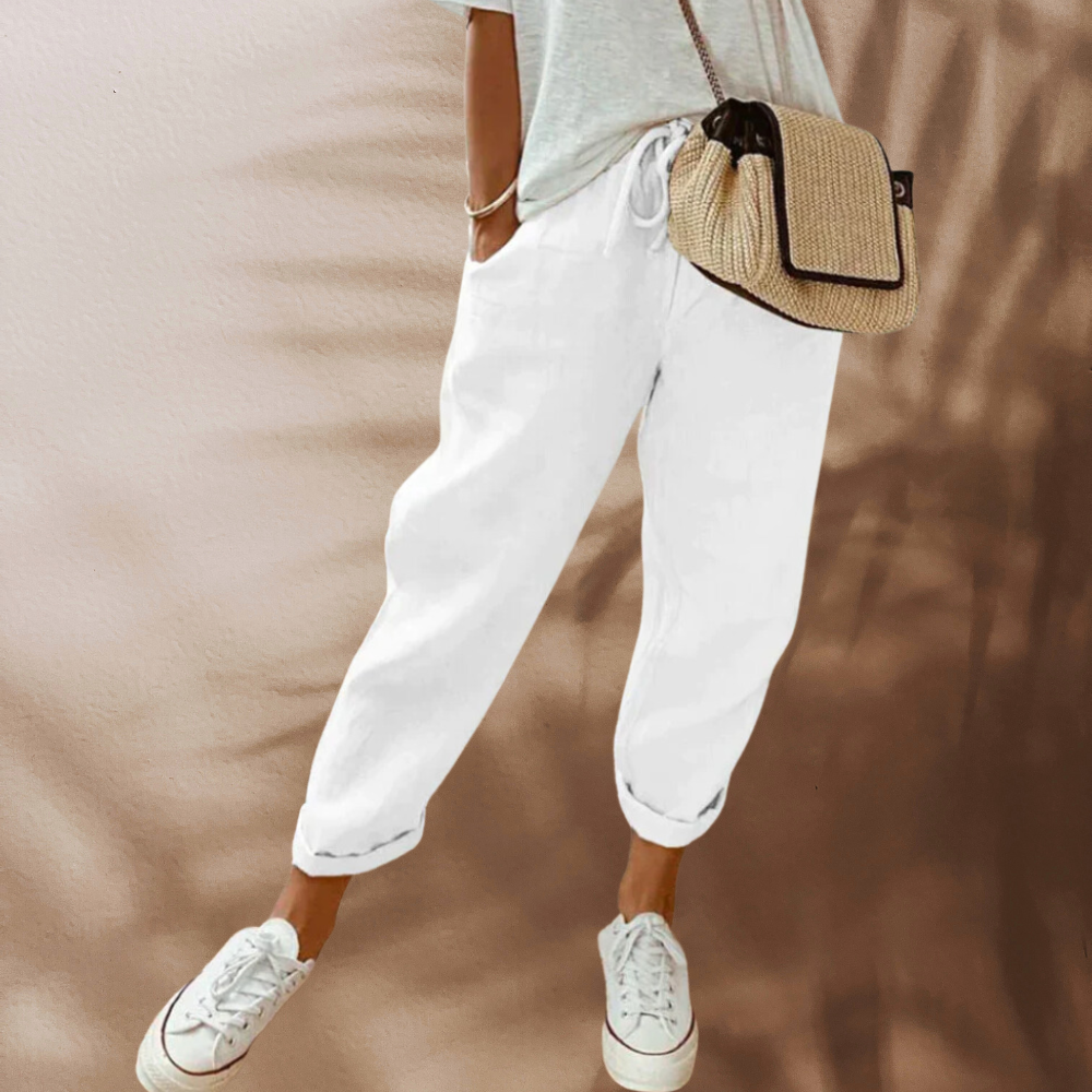 Damen Leinenhose mit Gummibund & Taschen – Locker geschnittene Sommerhose für Alltag, Urlaub & Freizeitlook