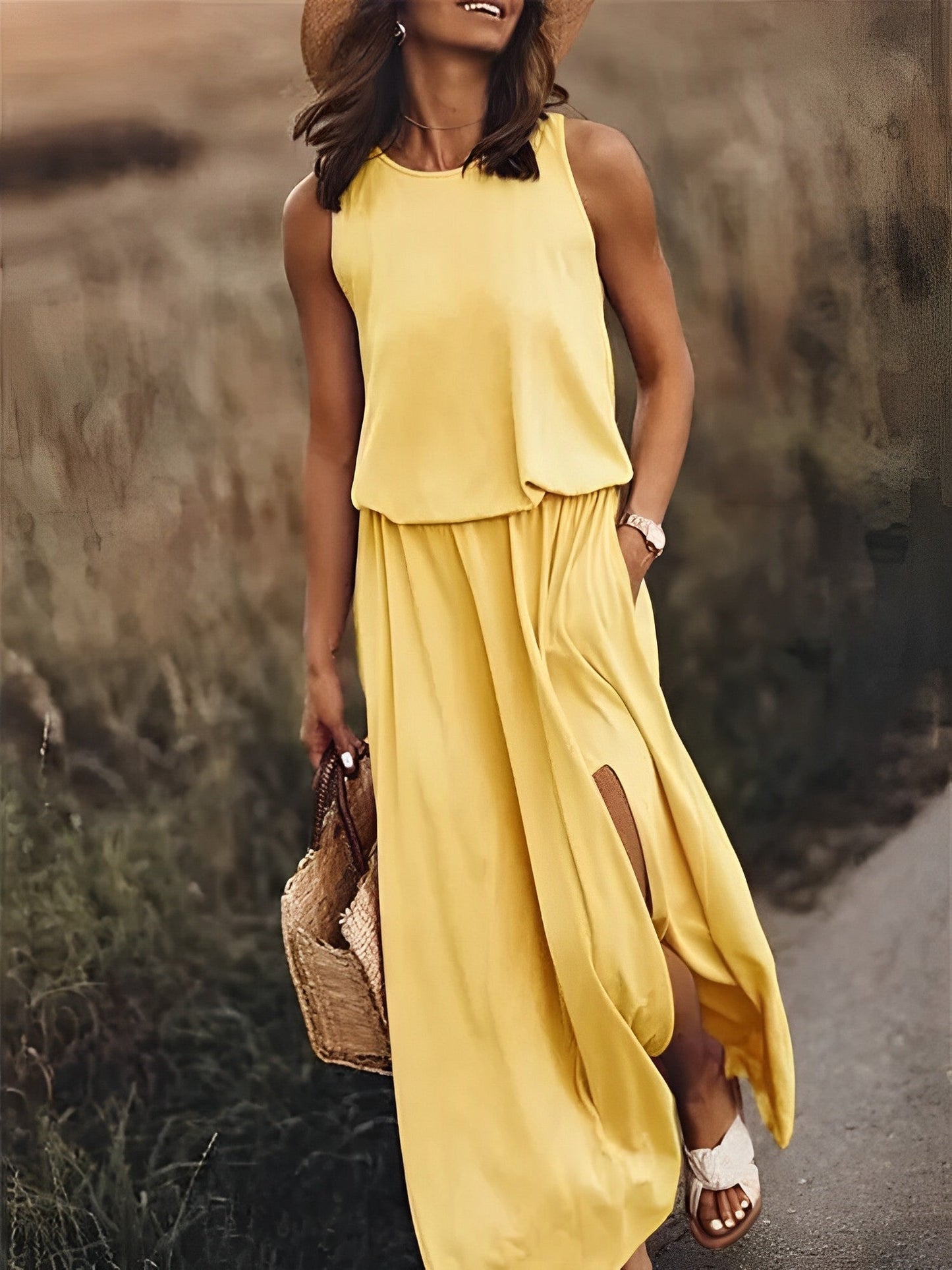 Ärmelloses Maxikleid mit Schlitz & Taillenstretch – Sommer Boho-Look
