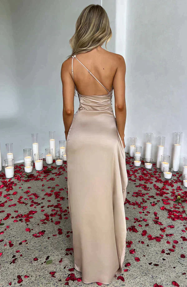 Satin Abendkleid One-Shoulder – Elegantes Maxikleid mit Schlitz & Drapierung