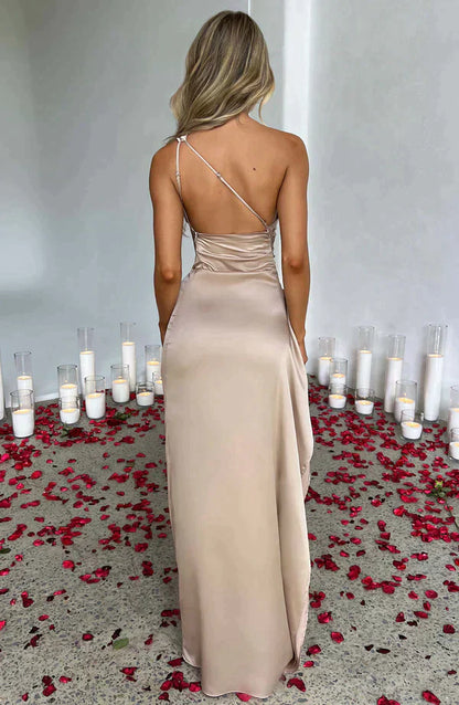 Satin Abendkleid One-Shoulder – Elegantes Maxikleid mit Schlitz & Drapierung