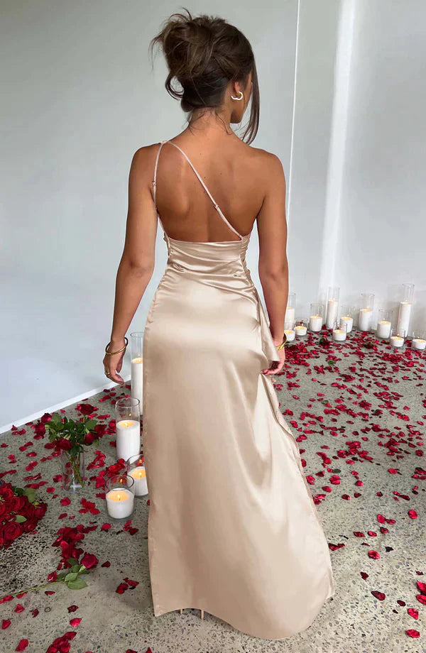 Satin Abendkleid One-Shoulder – Elegantes Maxikleid mit Schlitz & Drapierung