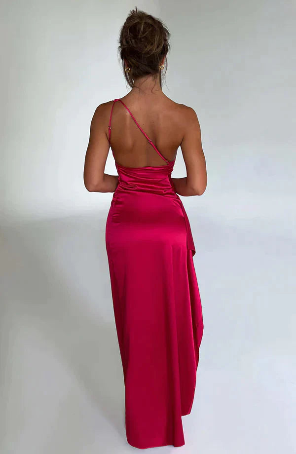 Satin Abendkleid One-Shoulder – Elegantes Maxikleid mit Schlitz & Drapierung