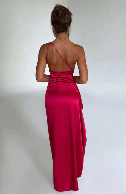 Satin Abendkleid One-Shoulder – Elegantes Maxikleid mit Schlitz & Drapierung