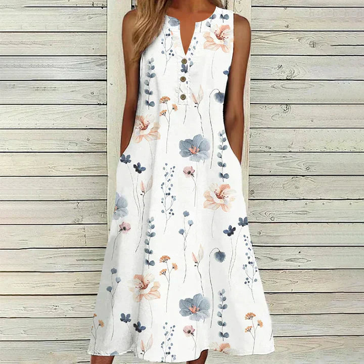 NELE – Elegantes Damenkleid mit Blumenmuster | Ärmellos & Femininer Schnitt