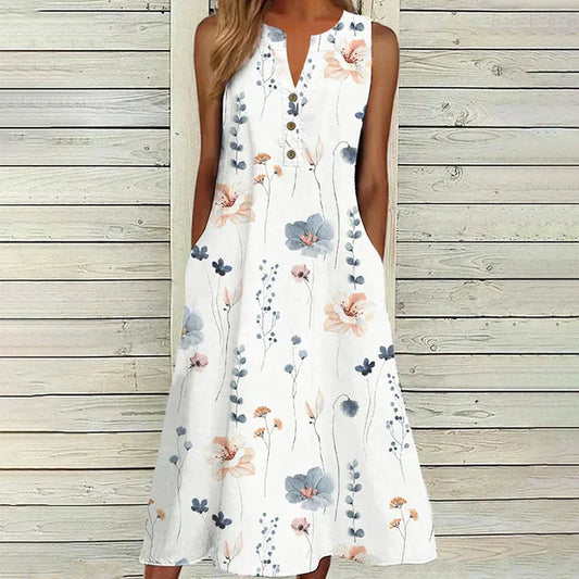 NELE – Elegantes Damenkleid mit Blumenmuster | Ärmellos & Femininer Schnitt