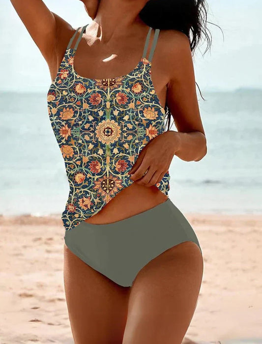 Bauchbedeckender Bikini mit Ethno-Muster – Zweiteiliger Retro Tankini für Damen