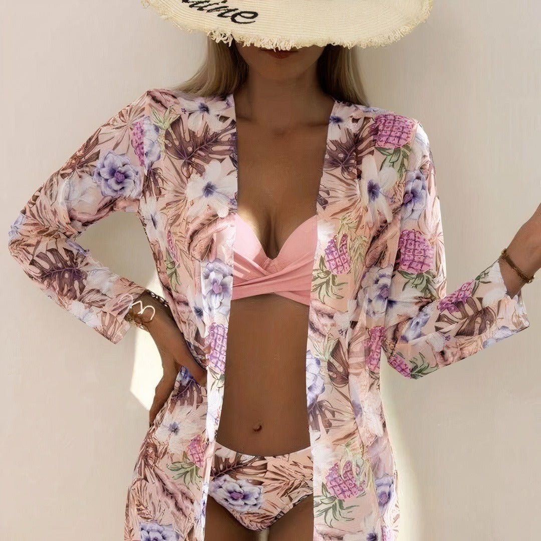 3-teiliges Damen Bikini-Set mit Tropenmuster – Inklusive Cardigan, Bikini Top & Hose für Sommer & Strand