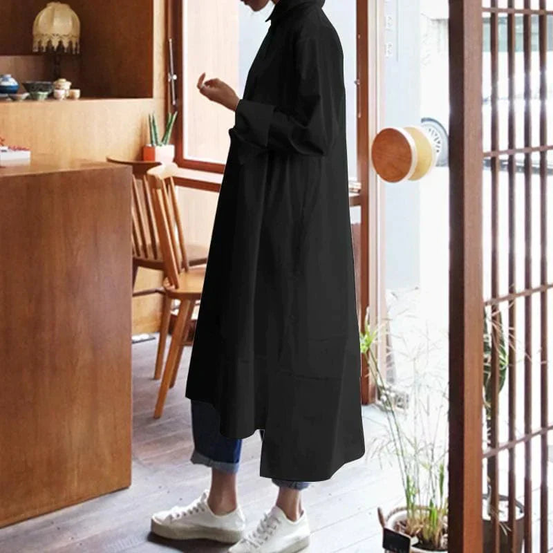 Oversized Hemdblusenkleid mit Stehkragen und 3/4-Ärmeln für Damen