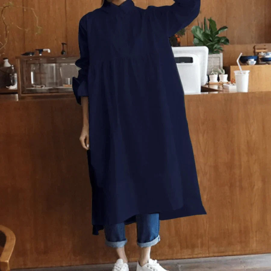 Oversized Hemdblusenkleid mit Stehkragen und 3/4-Ärmeln für Damen