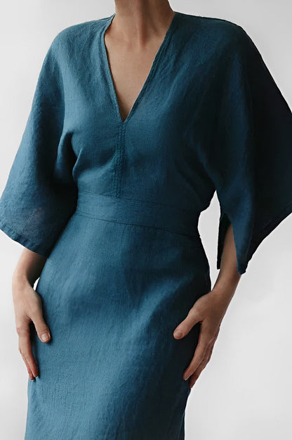 Leichtes Damen-Kleid mit V-Ausschnitt – Lockeres Leinen-Style Midikleid mit weitem Ärmel