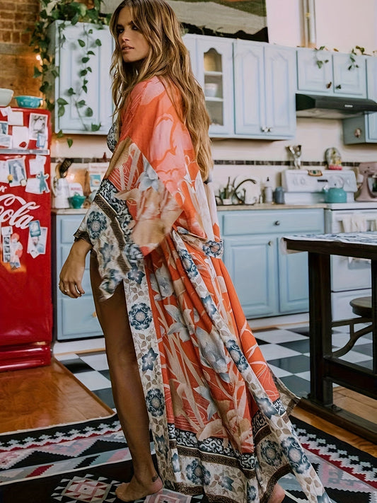 Langer Kimono mit Blumenmuster – Boho Maxikleid mit Gürtel und weitem Schnitt