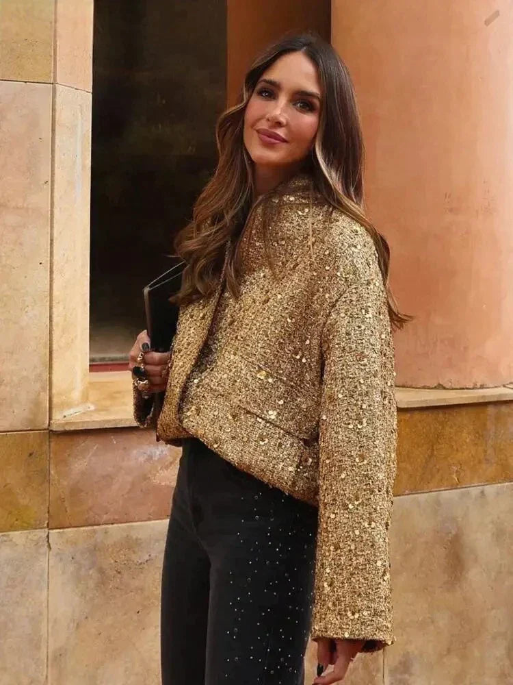 Kastige Bouclé-Jacke mit Pailletten & Oversized Fit – Modischer Blazer-Style für besondere Outfits