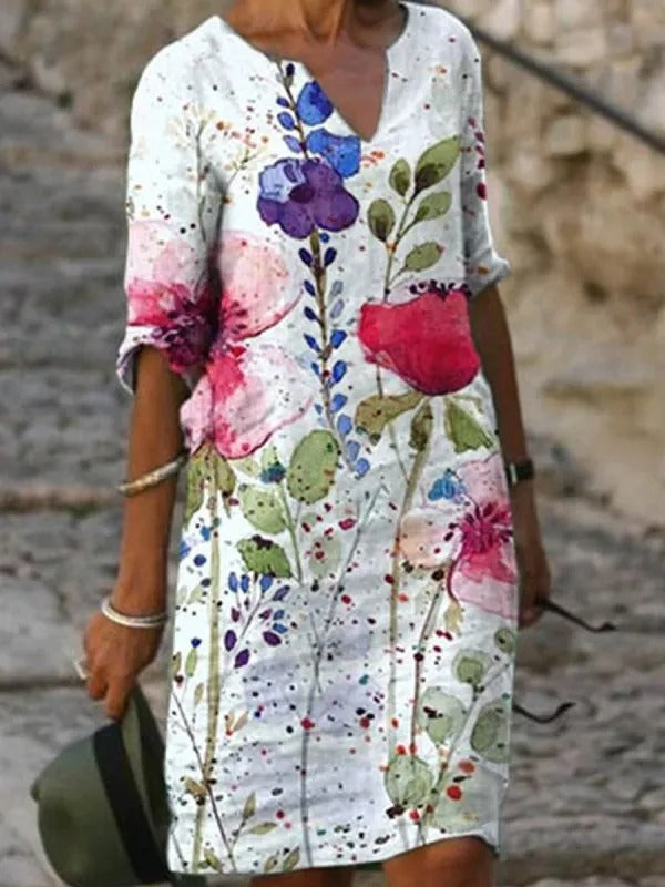 Lässiges Sommerkleid mit floraler Aquarell-Optik & V-Ausschnitt – Bequemes Freizeitkleid für Strand, Urlaub & Alltag