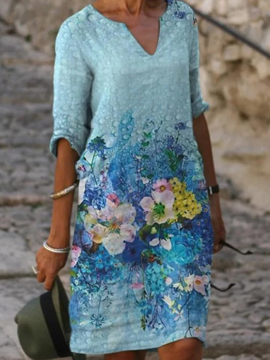 Lässiges Sommerkleid mit floraler Aquarell-Optik & V-Ausschnitt – Bequemes Freizeitkleid für Strand, Urlaub & Alltag