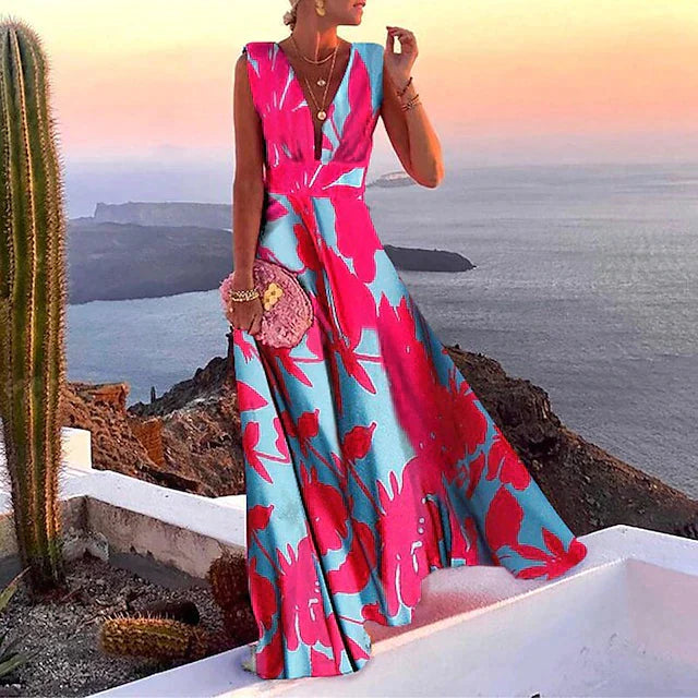 Maxikleid mit mediterranem Ornamentmuster & V-Ausschnitt – Sommer Must-Have