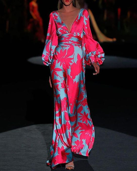 Eleganter Damen Jumpsuit mit tiefem Ausschnitt und weitem Bein – Florales Design für besondere Anlässe