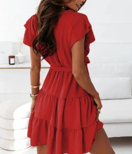 Kurzes Damen Wickelkleid mit Rüschen & Taillengürtel – Luftiges Sommerkleid für Urlaub, Alltag & City Looks