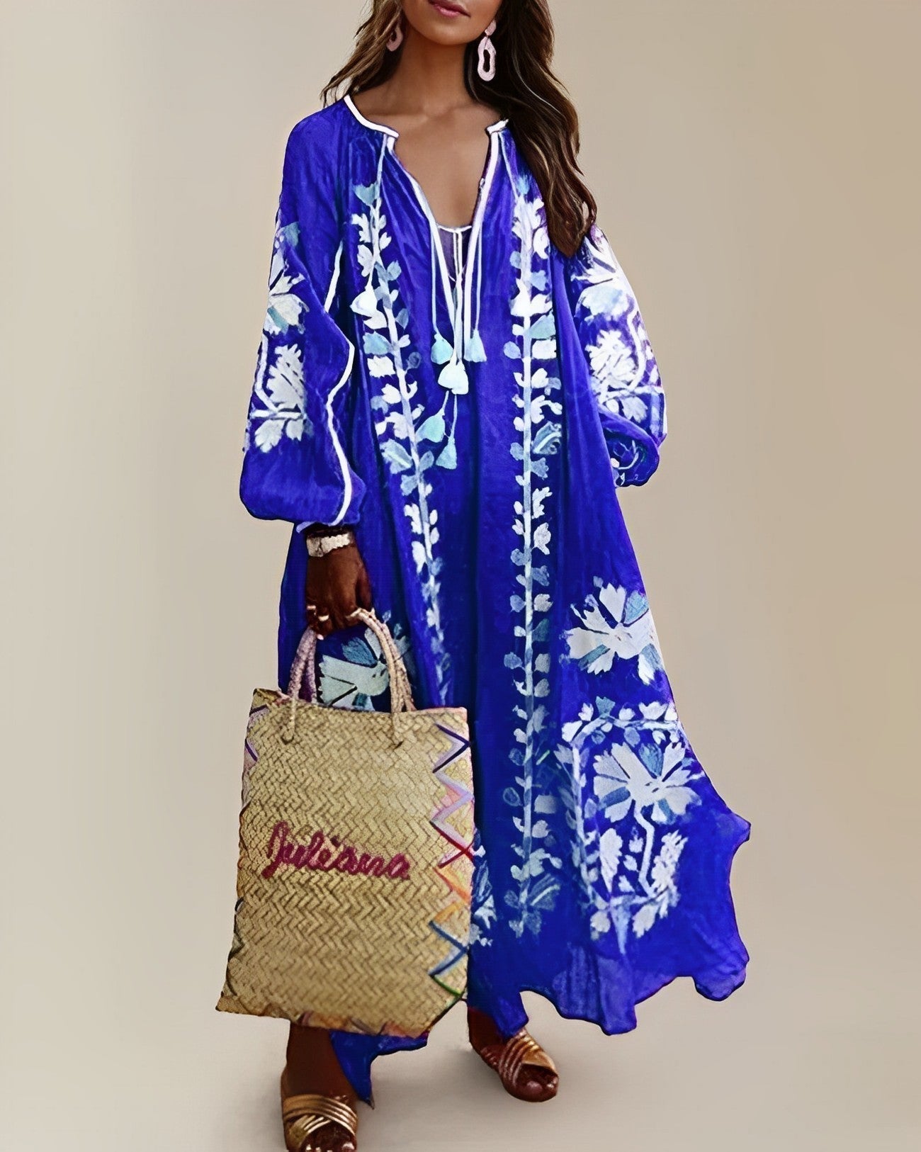 Maxikleid in Königsblau mit Stickerei – Boho Sommerkleid mit weitem Schnitt