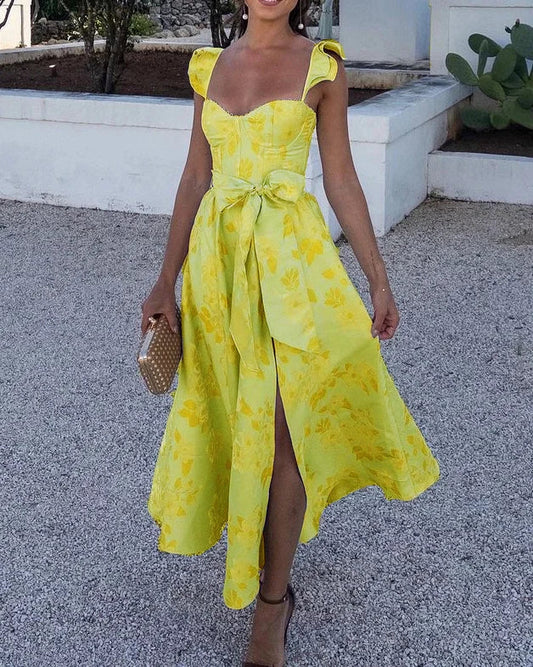 Damen Sommerkleid mit Schleife – Ärmelloses A-Linien Kleid mit Schlitz und Herzausschnitt